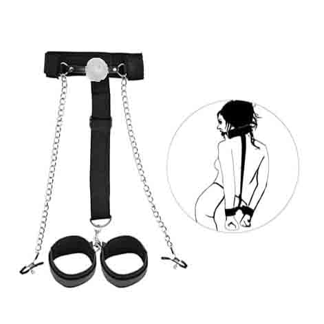 Neck Wrist Restraints with Gag Ball and Chain Nipple Clamps