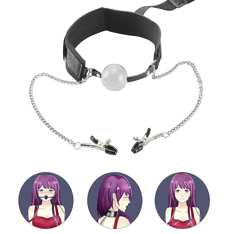 Neck Wrist Restraints with Gag Ball and Chain Nipple Clamps alternate view
