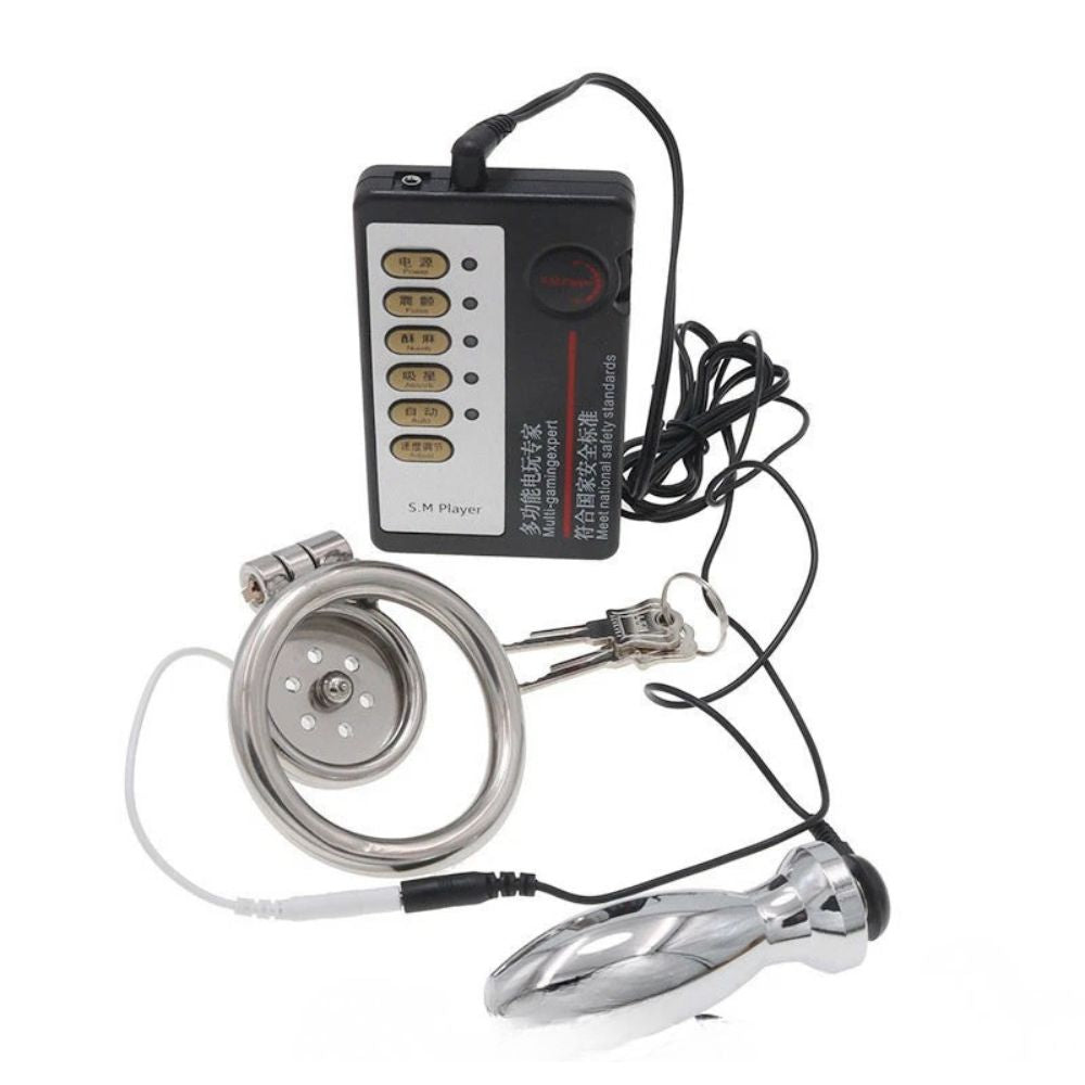 Electric Steel Flat Chastity Cage with Anal/butt Plug alternate view