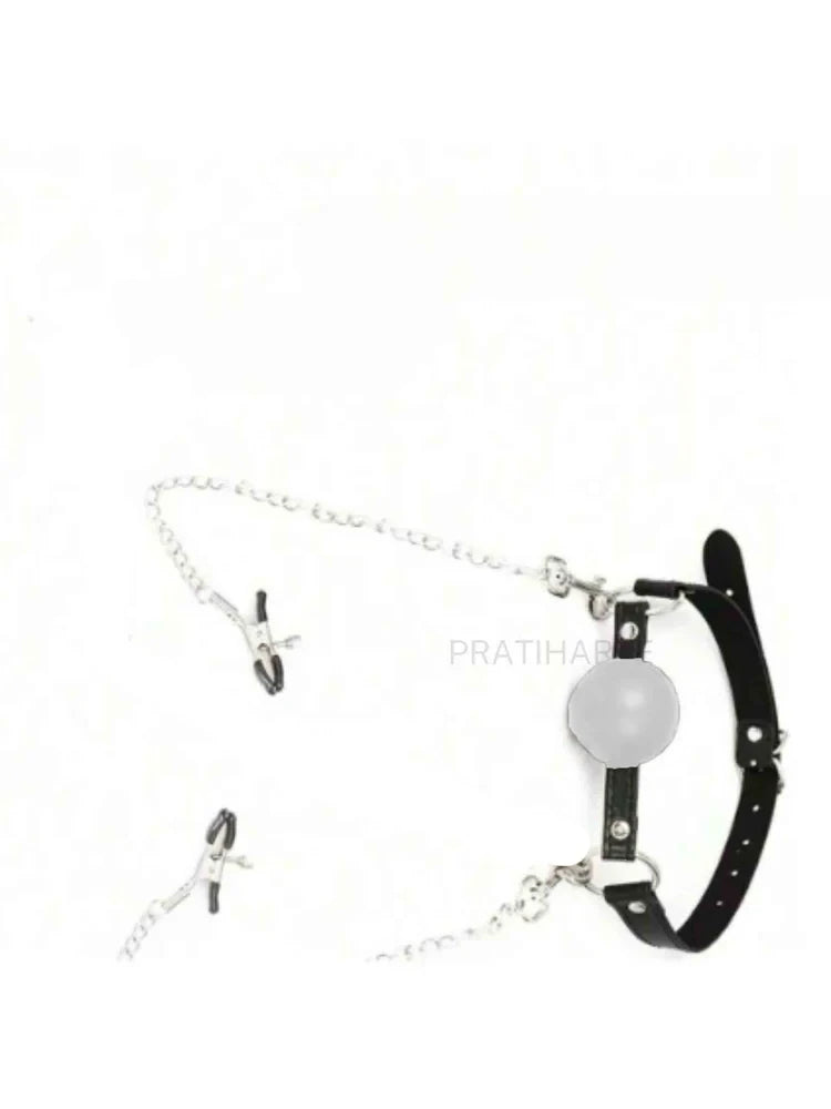2PC BDSM Set - Gag Ball with Nipple Clamp alternate view