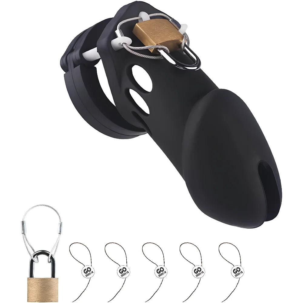 Long Neck Silicone Male Chastity Cage lock - Black alternate view