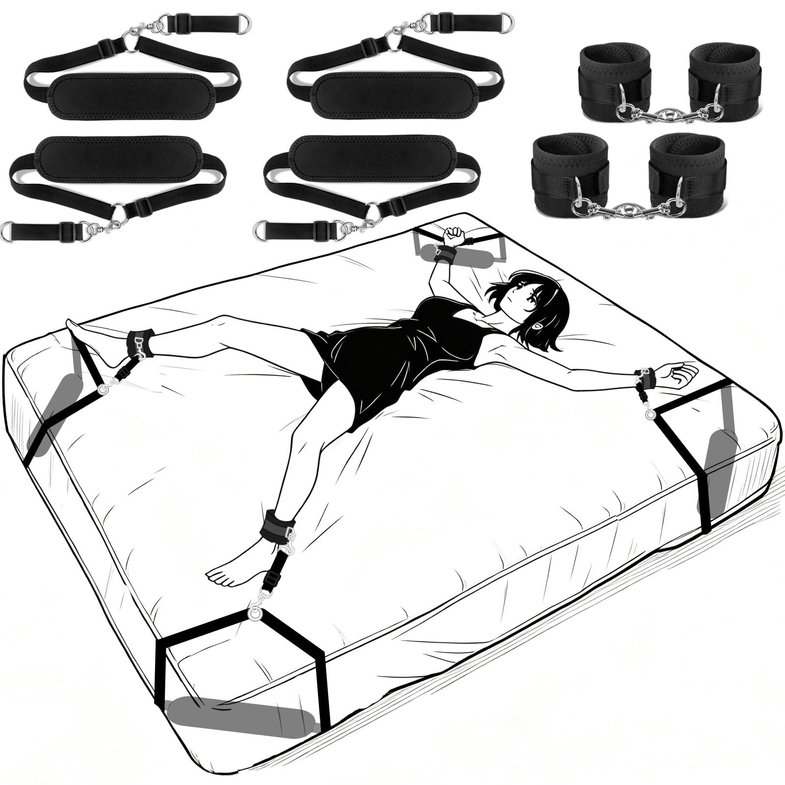 Bed Restraints BDSM Bondage Toys with Handcuffs & Ankle Cuffs for Couples