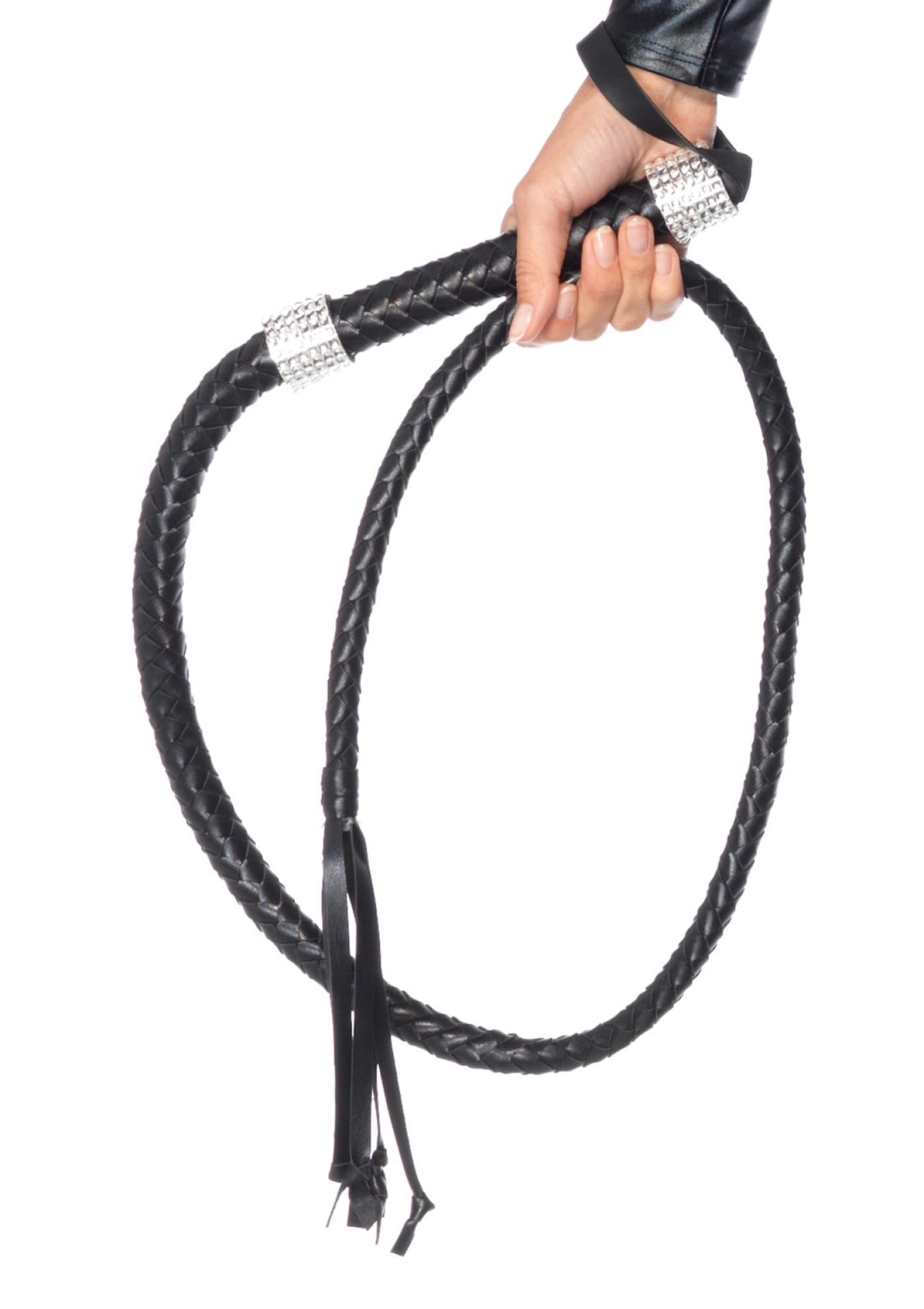 Leg Avenue Women's Faux Leather 54" Inch Braided Whip with Rhinestone Handle