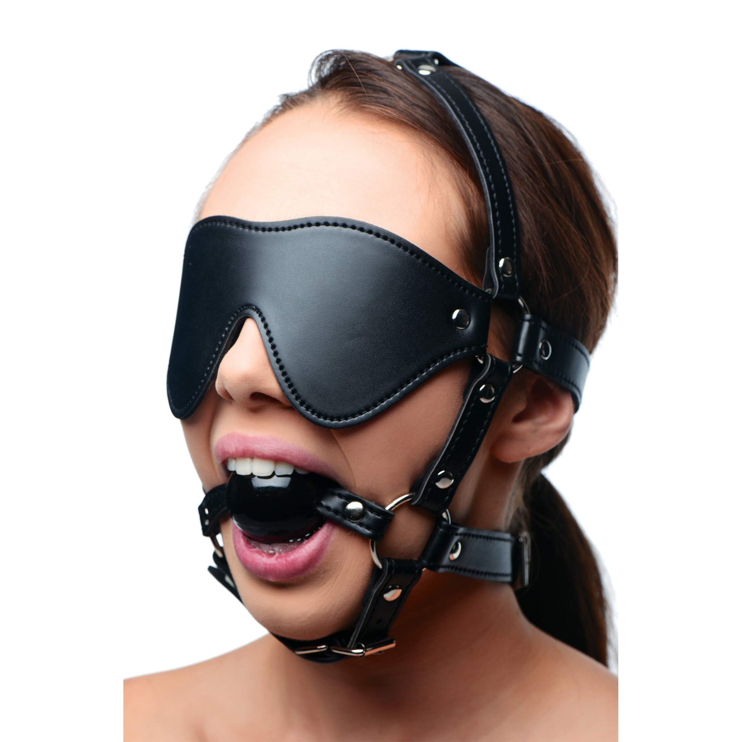 BDSM Eye Mask Harness & Ball Mouth – Black Bondage Hood Muzzle