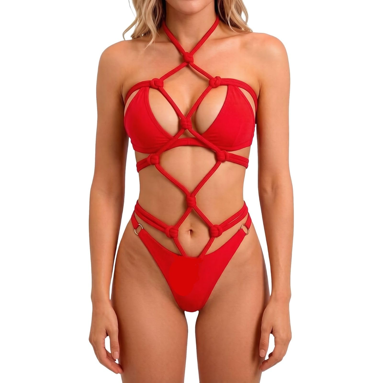Women Bondage Lingerie Knotted Rope Bodysuit Halter Harness Cutout Teddy
