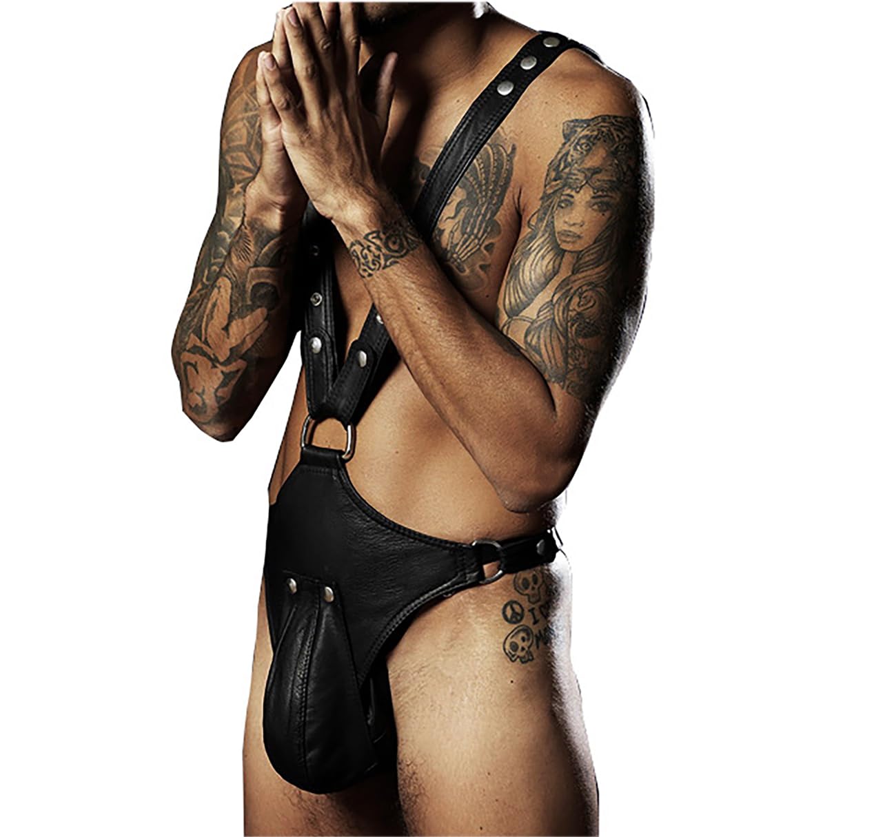 BXT Men's Erotic Bodysuit Black PU Leather Rivet Bondage Lingerie Bodysuit Masculine