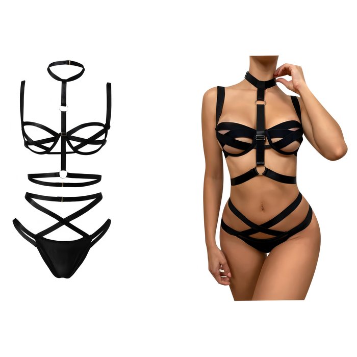 Sexy Lingerie Women Strappy Bondage Halter Neck Backless Corset & G String