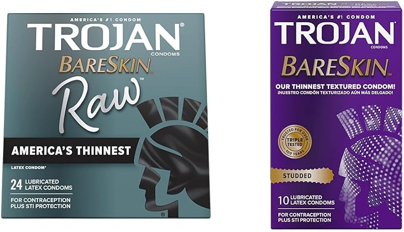 TROJAN BareSkin Raw Thin Condoms 24 Count with Studded Bareskin Lubricated Condoms 10 Count