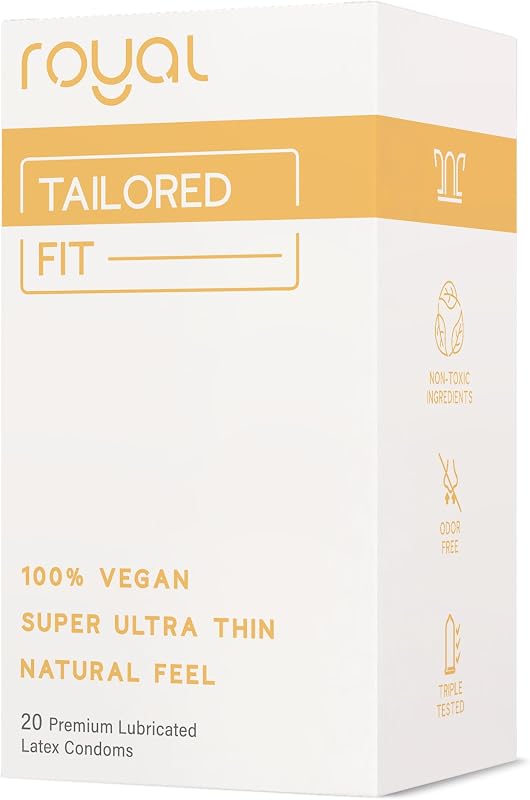 Royal Tailored Fit Ultra Thin Vegan Condoms - Premium Lubricated Condom Pack - Unflavored Lubricant, Organic Latex Rubber - Odorless, Slim, Natural Feel - Safe & Durable Male Contraceptives - 20 Count