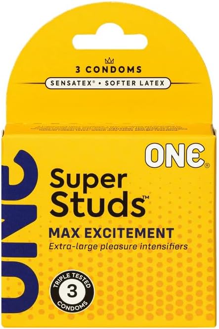 ONE Super Studs Ribbed & Studded Latex Condoms with Brass Pocket Case, 3 Count