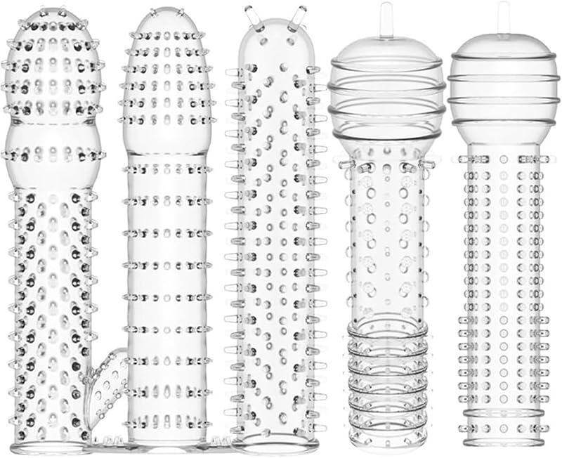 5pcs Transparent Threaded mace Condom Male Condom Adult Lock fine Ring Extended Sleeve Crystal Sleeve E35211