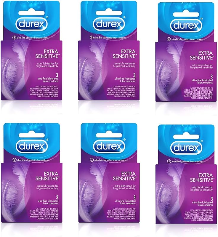 Durex Extra Sensitive Lubricated Ultra Thin Premium Condoms, 3 Count (Pack of 6)