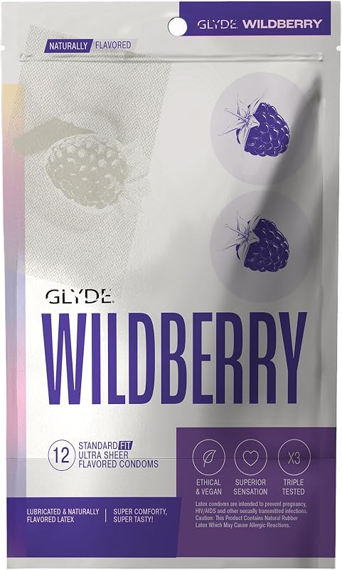GLYDE Wildberry Mild Flavor Ultra-Thin Condoms, 53mm Medium Size - 12 Count