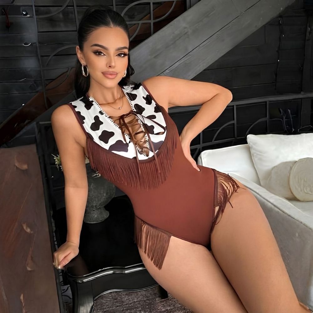 Trendy Cow Fringes Brown Bodysuit alternate view