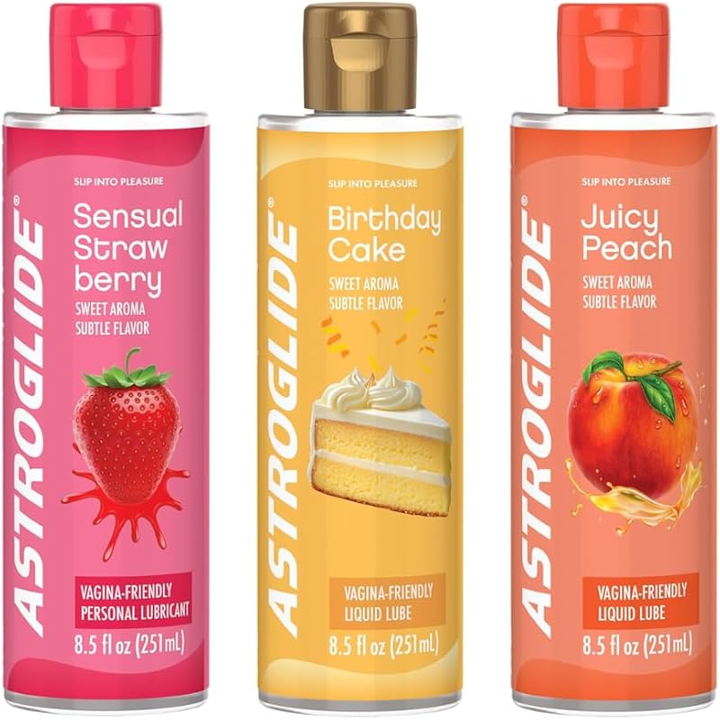 Flavored Personal Lubricant 8.5oz Bundle including Strawberry, Birthday Cake, and Peach Flavored Water Based Lubes